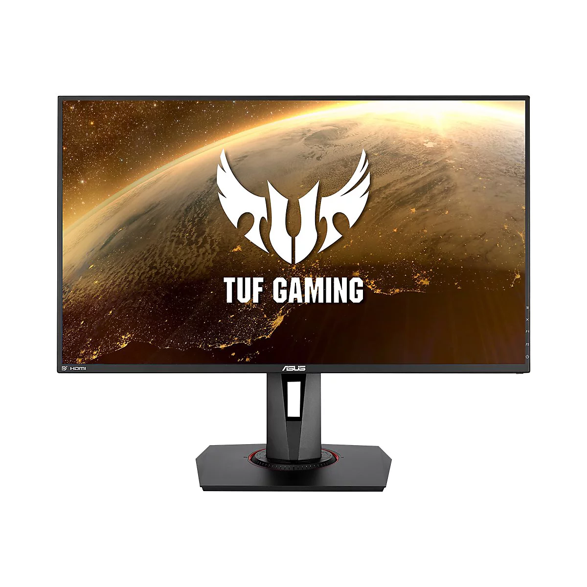 Schwarzer Asus TUF Gaming Monitor mit Logo, Erdlandschaft auf dem Bildschirm. Schwarzer Standfuß, weißer Hintergrund.