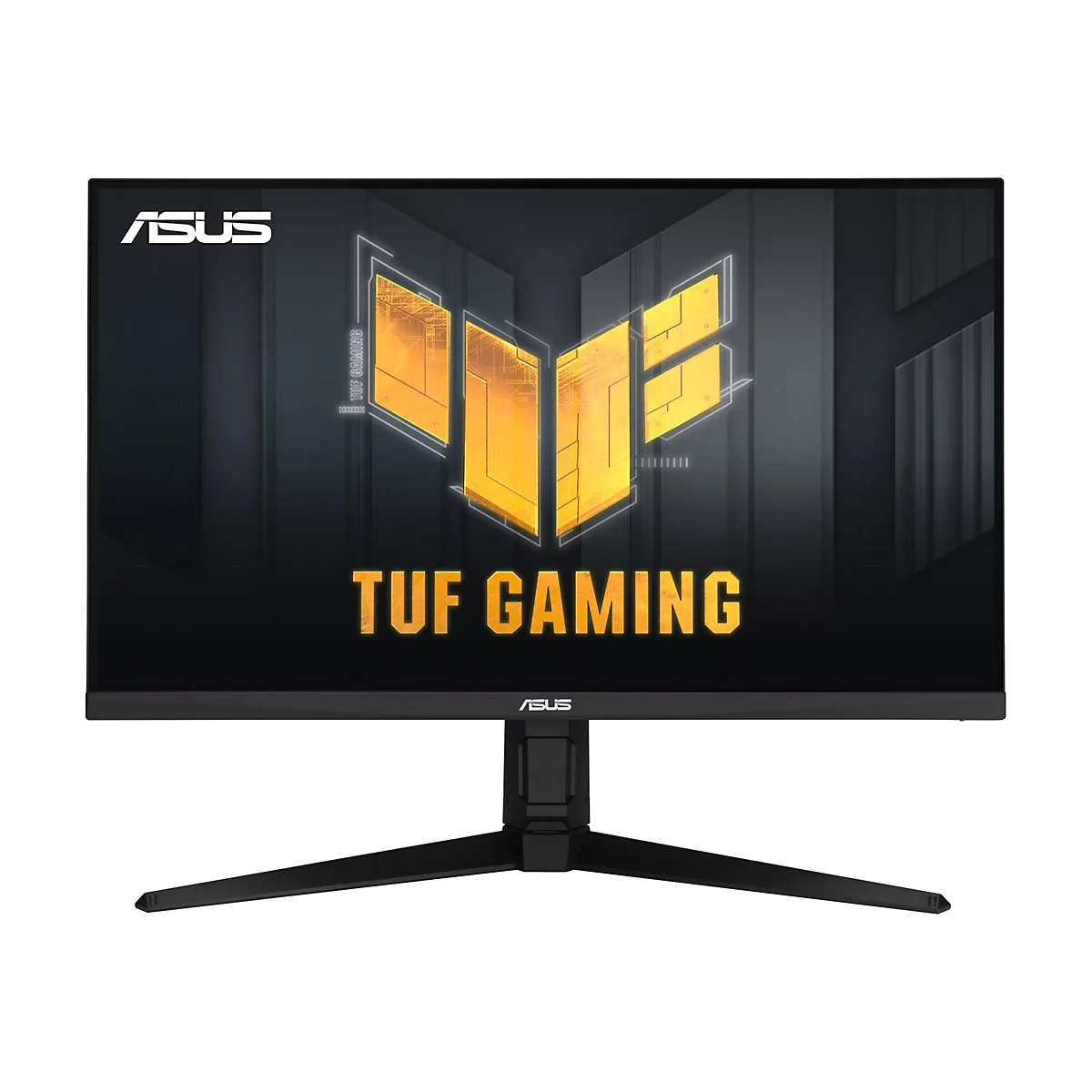 Un écran de jeu ASUS noir avec "TUF GAMING" et le logo ASUS. L'écran est sur un fond blanc.