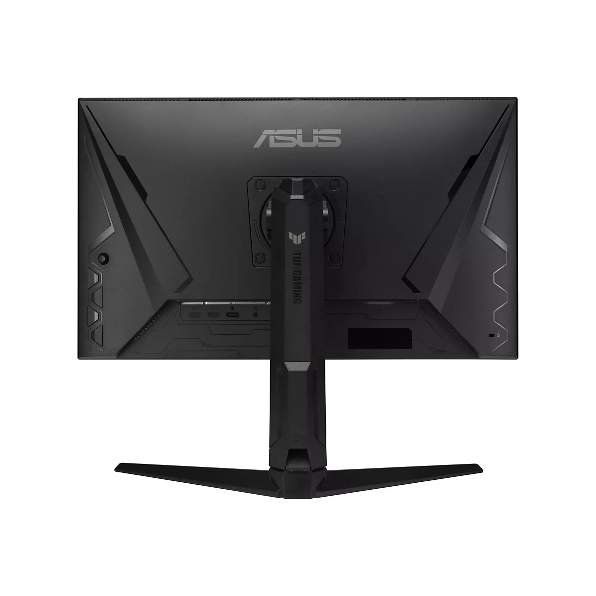 Moniteur de jeu noir. Arrière : logo ASUS, écriture TUF Gaming. Design géométrique, pied.
