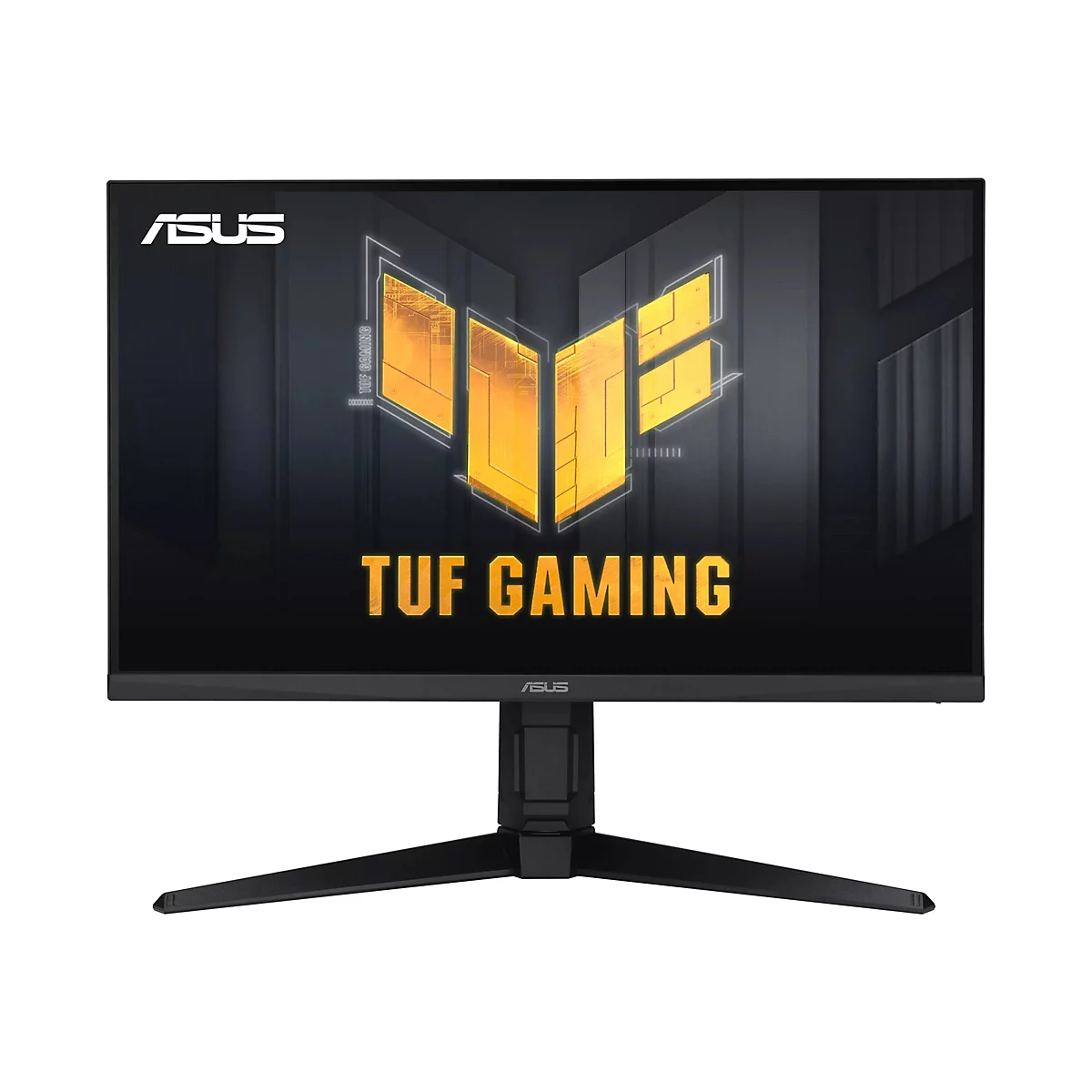 Ein schwarzer ASUS TUF Gaming Monitor. Auf dem Display ist das TUF Gaming Logo in Gelb abgebildet.