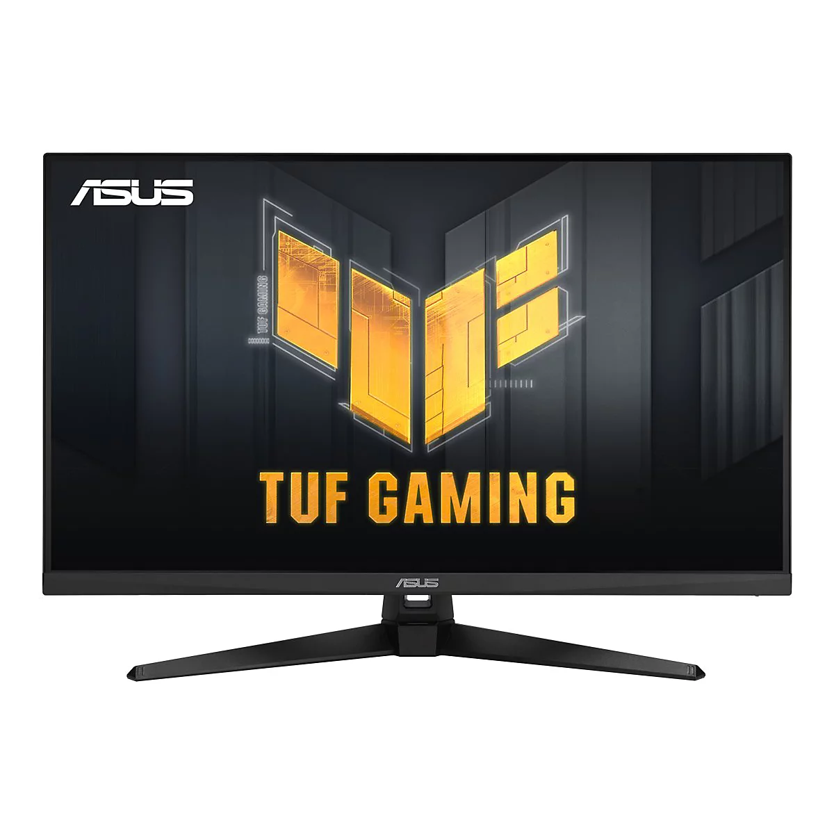 Ein schwarzer ASUS-Monitor, TUF Gaming Schriftzug, gelbes Logo, schwarzer Standfuß.