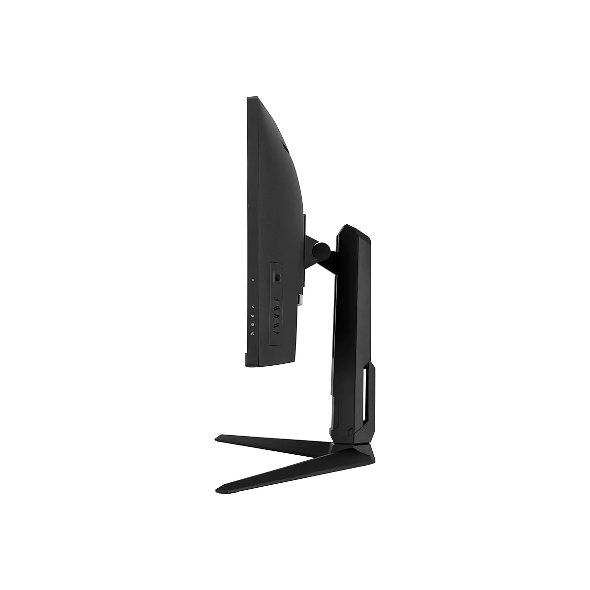 Moniteur noir de profil, avec support. Le côté montre les ports et un bouton d'alimentation.