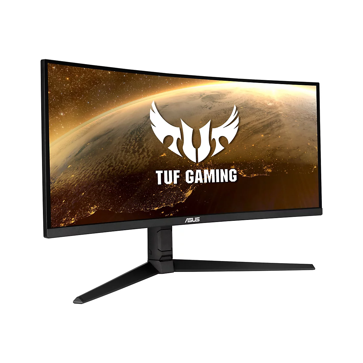 Ein schwarzer, gebogener Bildschirm eines ASUS TUF Gaming Monitors, Display zeigt eine Weltraumlandschaft. Schwarzer Standfuß.