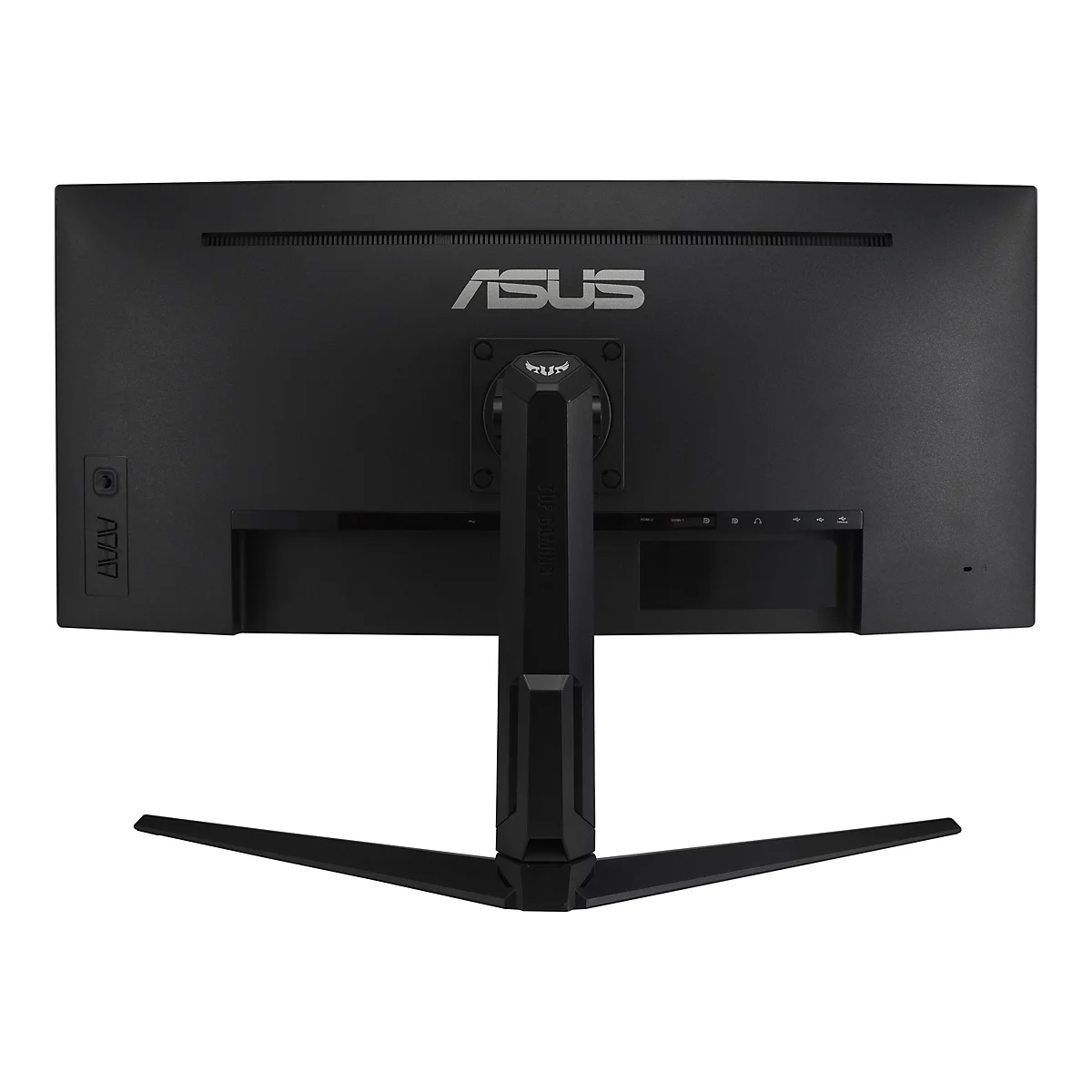 Rückansicht eines schwarzen ASUS-Monitors. Oben steht das ASUS-Logo, darunter der Produktname. Die Anschlüsse sind unten rechts.