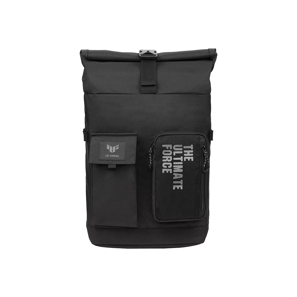Schwarzer Gaming-Rucksack mit Rollverschluss, zwei Fronttaschen und TUF Gaming Logo vor weißem Hintergrund.
