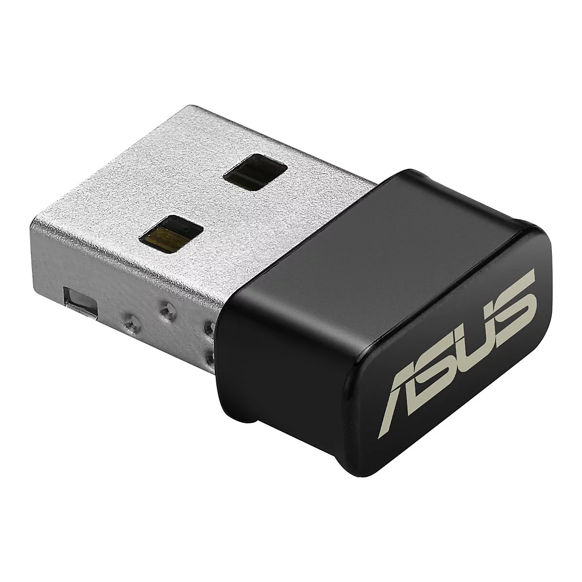 Un adaptateur USB argenté avec une partie noire portant le logo ASUS en blanc.