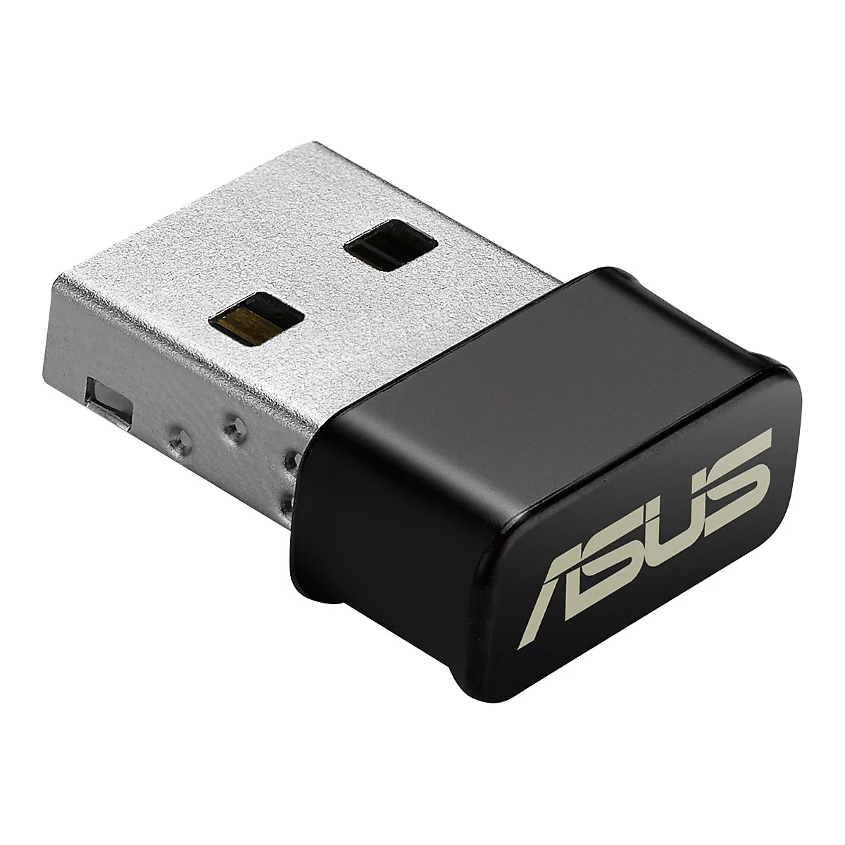 Un adaptateur USB ASUS noir avec une prise USB argentée. Le logo est blanc sur la partie noire.