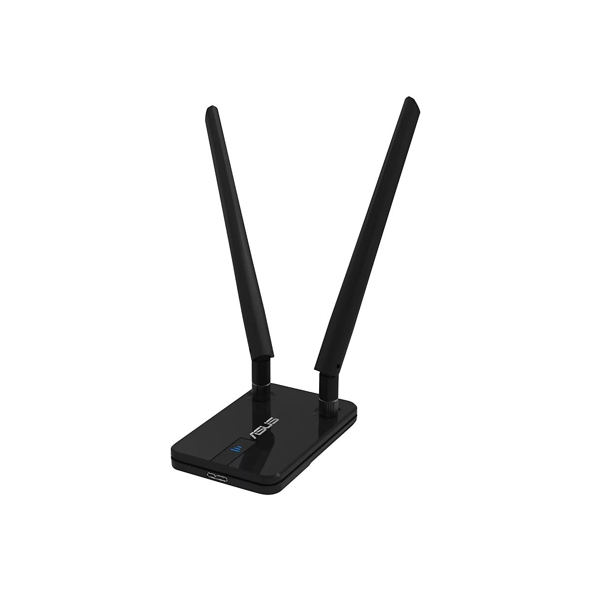 Schwarzer Asus WLAN-Adapter mit zwei ausgerichteten Antennen auf einer flachen Basis vor weißem Hintergrund.