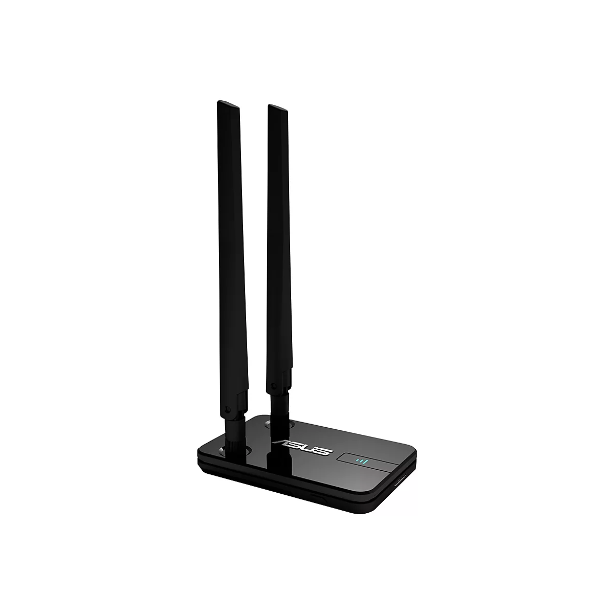 Schwarzer Asus WLAN-Adapter mit zwei ausklappbaren Antennen und leuchtender LED-Anzeige auf glänzendem Gehäuse.