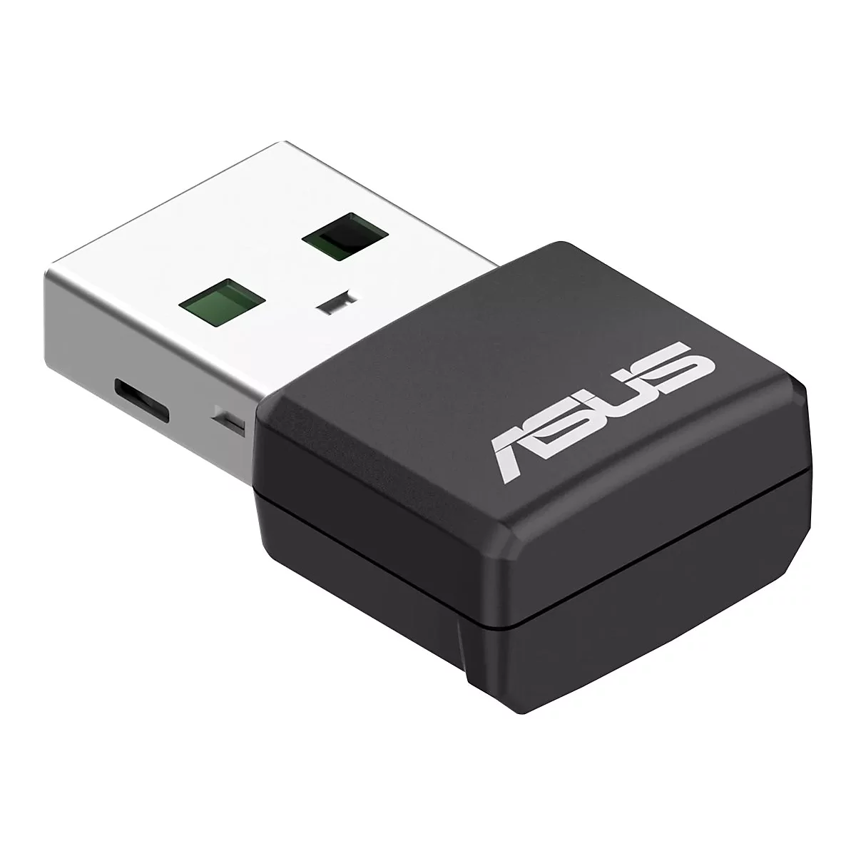 Kleiner, schwarzer ASUS USB-Adapter mit silbernem Metallstecker vor weißem Hintergrund.