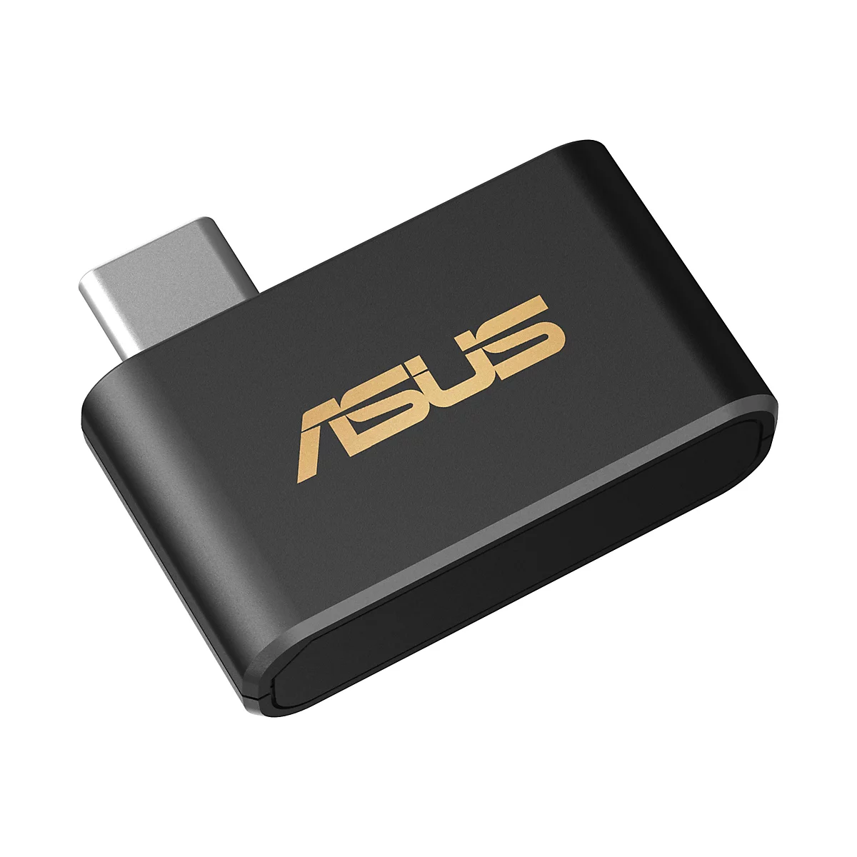 Schwarzer USB-C Adapter mit goldfarbenem ASUS-Logo auf der Oberseite.
