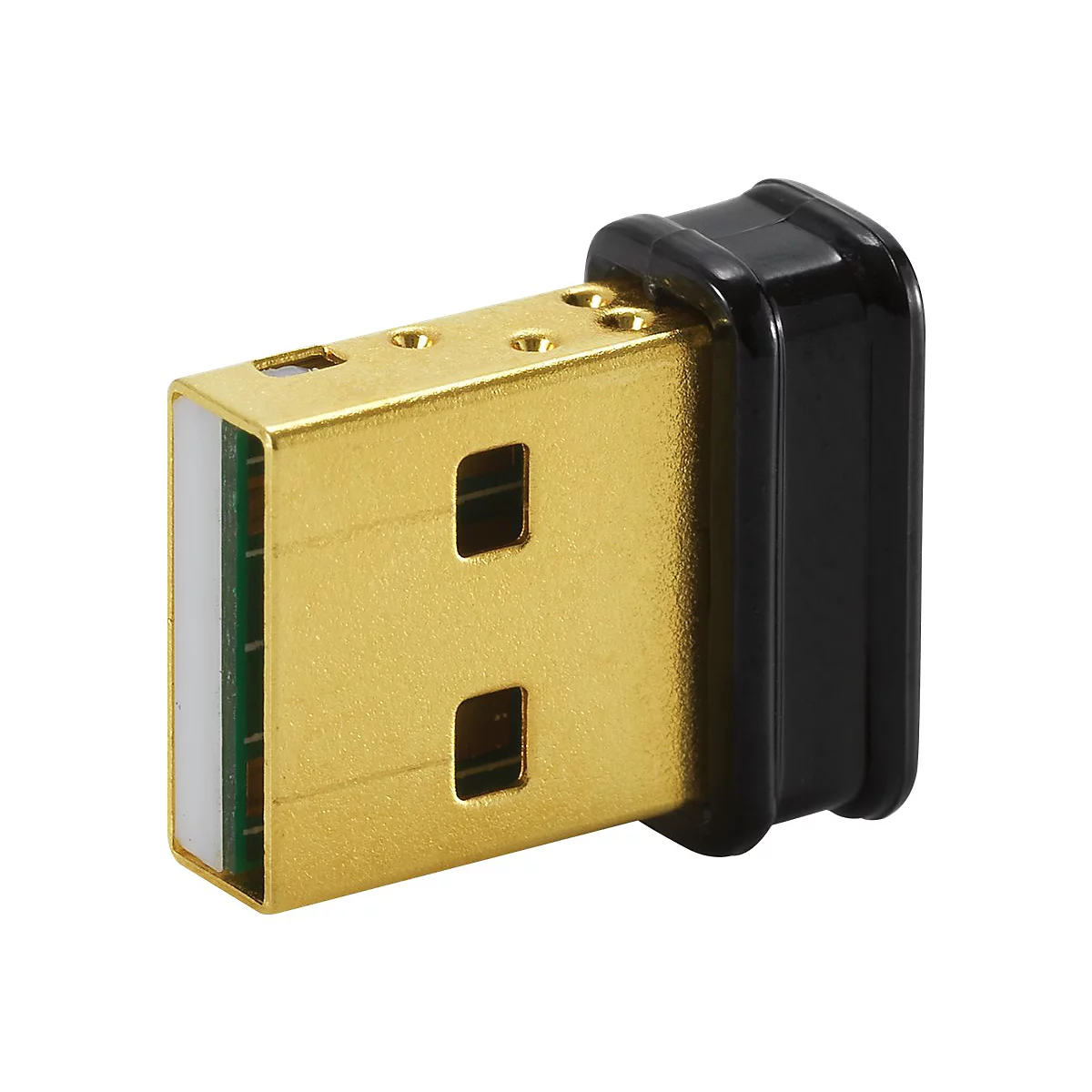 Goldener USB-Stecker mit schwarzer Griffkappe auf weißem Hintergrund.