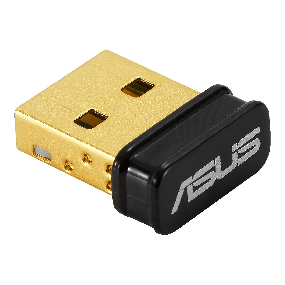 Kleiner goldener USB-Empfänger mit schwarzer Kappe und ASUS-Schriftzug.