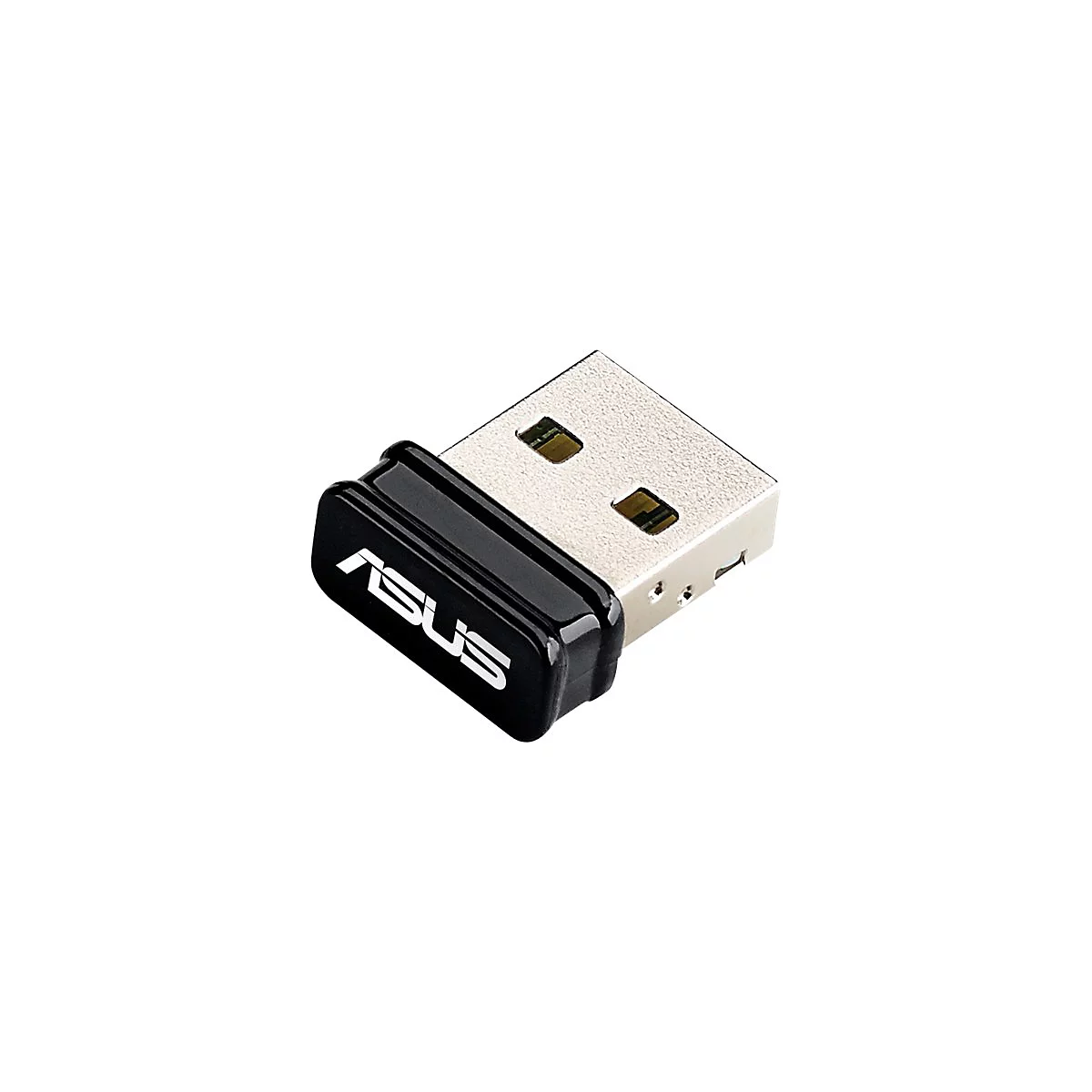 Kleiner schwarzer Asus USB-Adapter vor weißem Hintergrund.