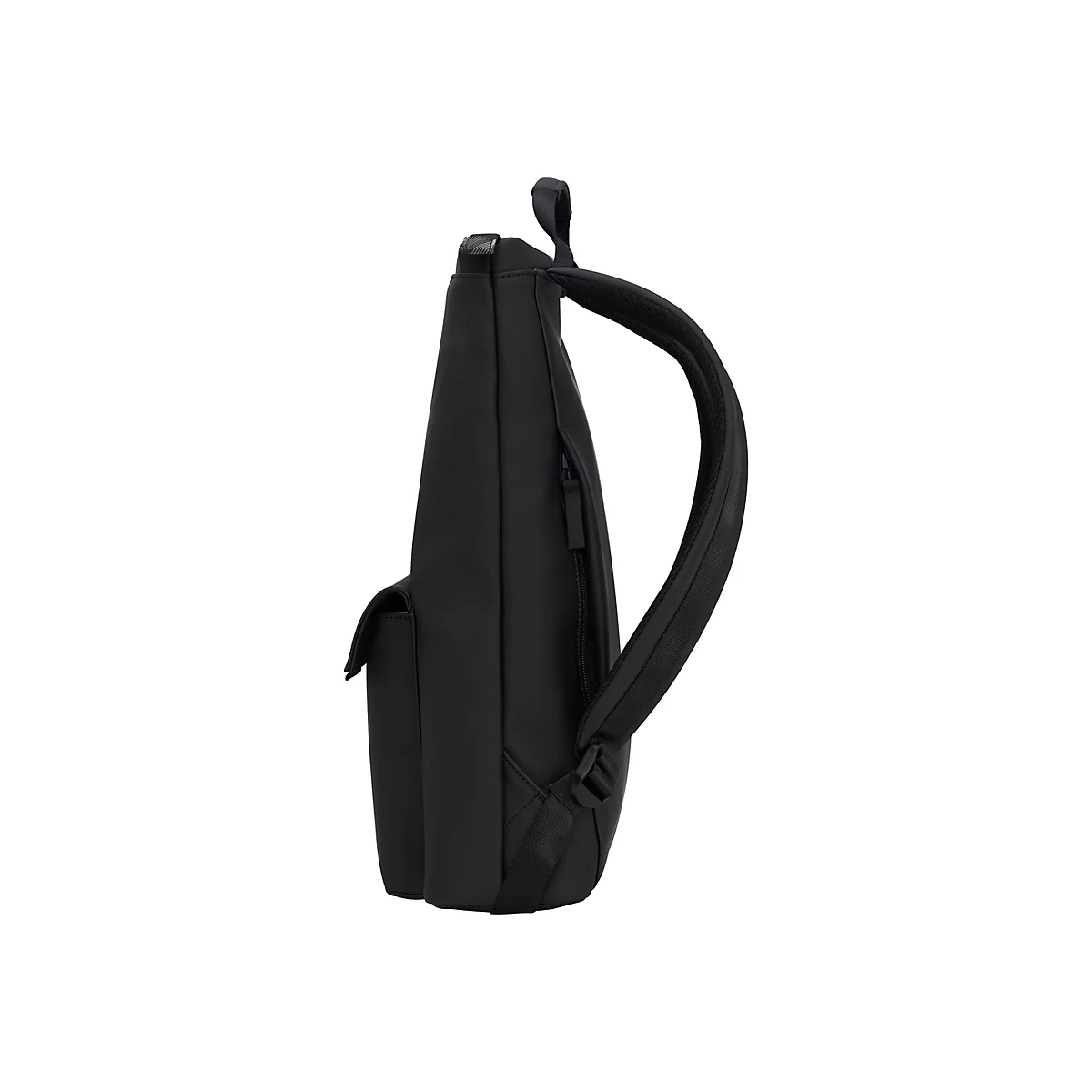 Seitliche Ansicht eines schlichten schwarzen Rucksacks vor weißem Hintergrund.