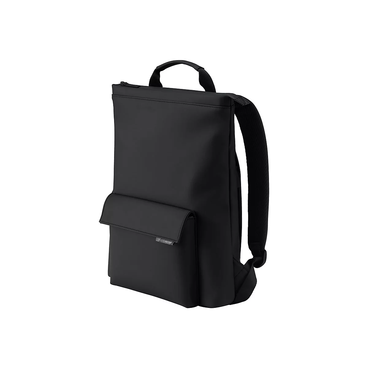 Schwarzer, minimalistischer Rucksack mit Tragegriff und aufgesetzter Fronttasche vor weißem Hintergrund.