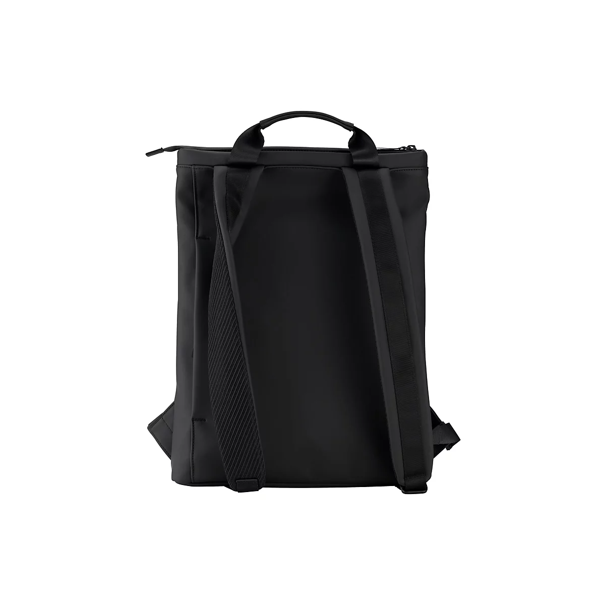 Schwarzer Rucksack von hinten gesehen, mit gepolsterten Tragegurten und Tragegriff vor weißem Hintergrund.