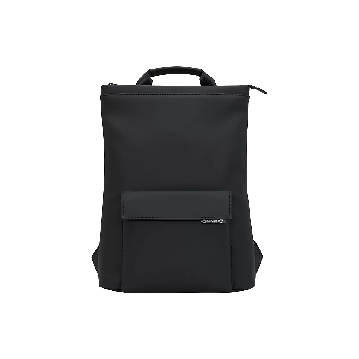 Schwarzer Asus-Rucksack mit minimalistischem Design, Tragegriff oben und Vordertasche vor weißem Hintergrund.