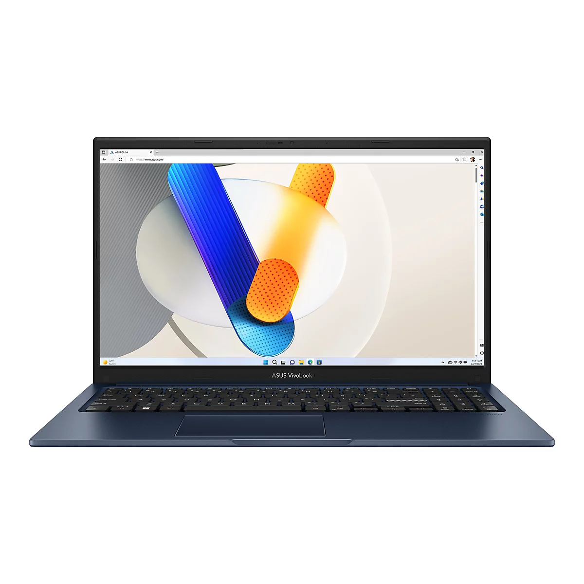 Blauer ASUS Vivobook Laptop, Bildschirm zeigt eine Webseite mit abstraktem Hintergrund. Tastatur und Touchpad sind sichtbar.