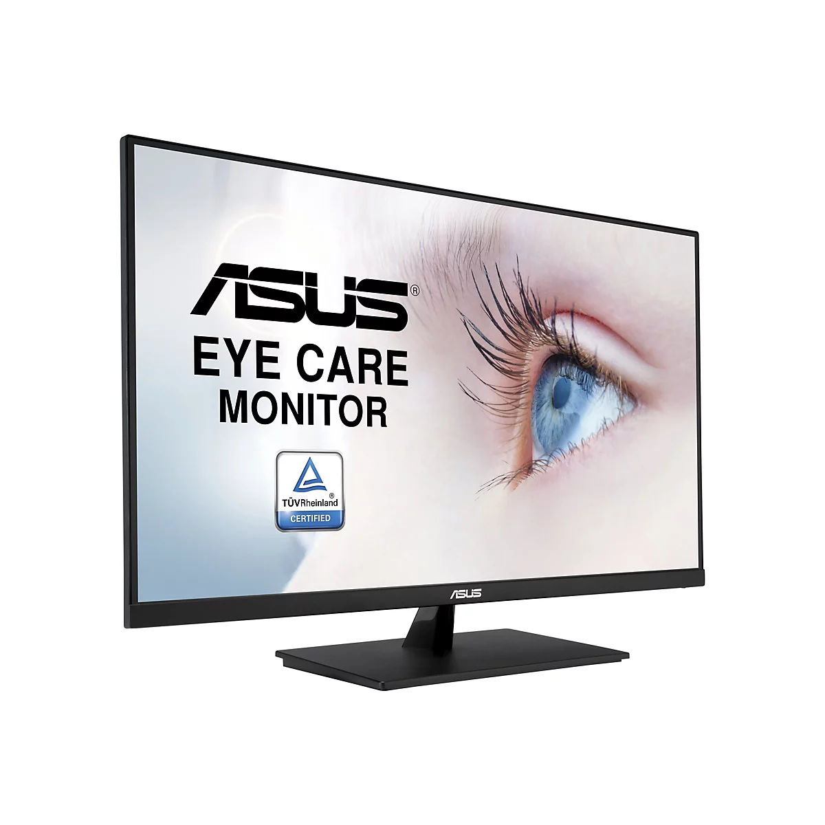 Schwarzer Monitor mit ASUS Logo und Schriftzug Eye Care Monitor. Auf dem Display ist ein Auge zu sehen.