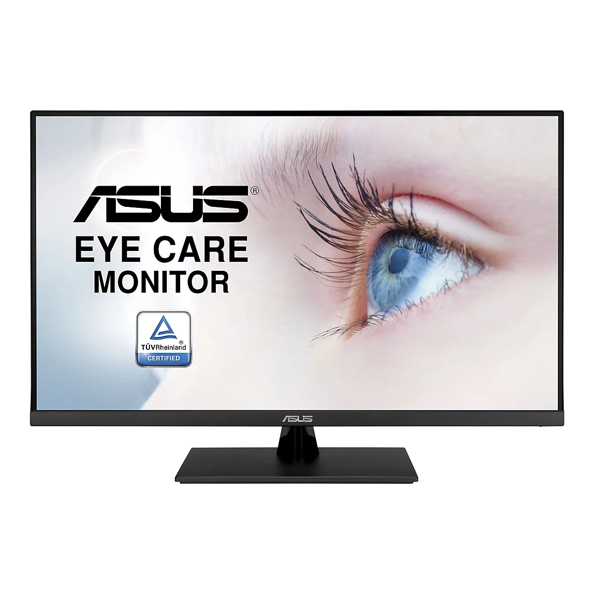 ASUS Eye Care Monitor mit einem Bild von einem blauen Auge. Auf dem Bildschirm sind das ASUS-Logo, Eye Care Monitor und ein TÜV Rheinland-Zertifizierungszeichen abgebildet.