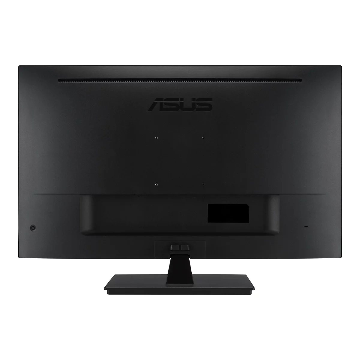Rückseite eines schwarzen Monitors. Oben mittig ist das ASUS-Logo sichtbar. Darunter sind mehrere Öffnungen und Anschlüsse.