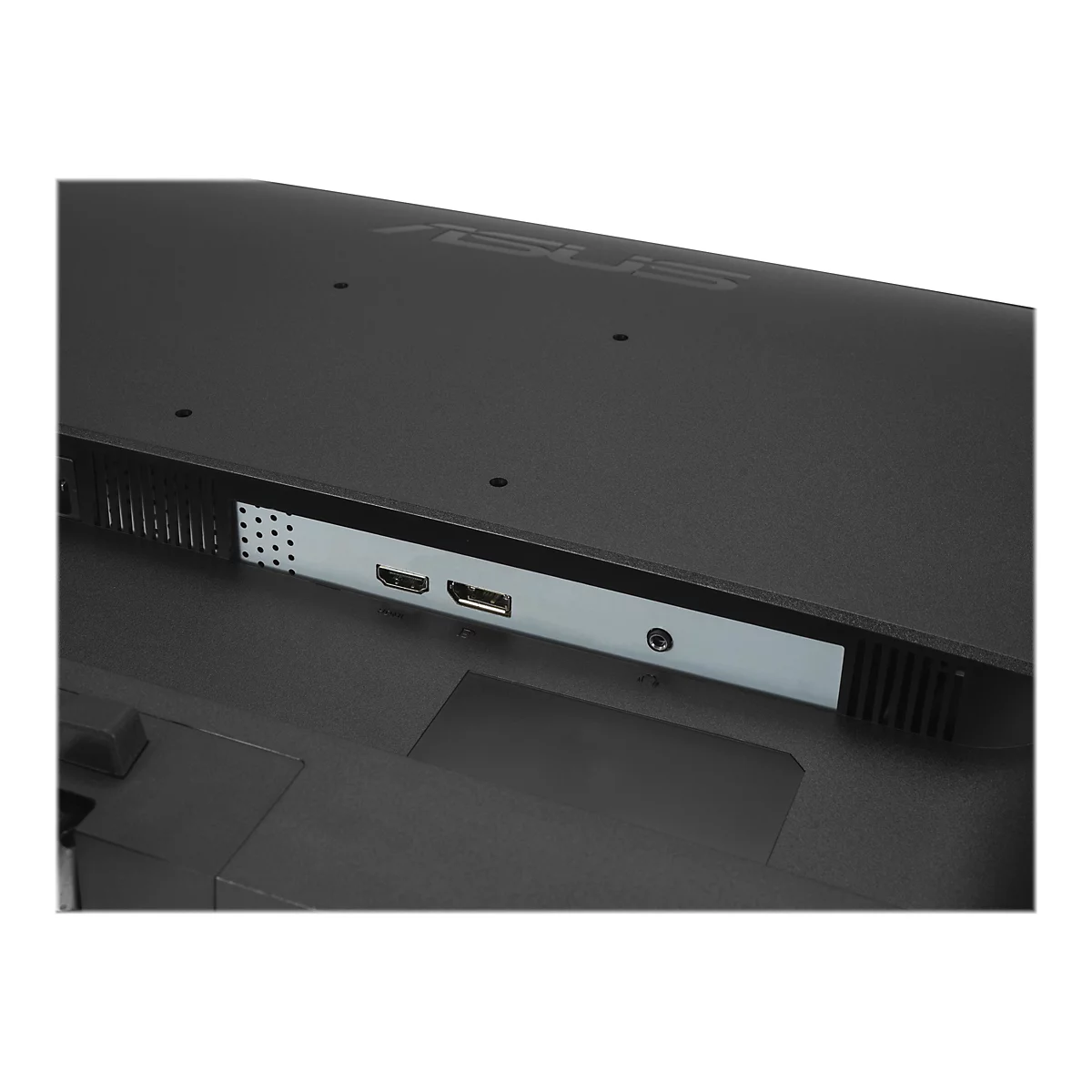 Nahaufnahme der Rückseite eines schwarzen Monitors mit Anschlüssen. Sichtbar sind HDMI, USB und Audioausgang.