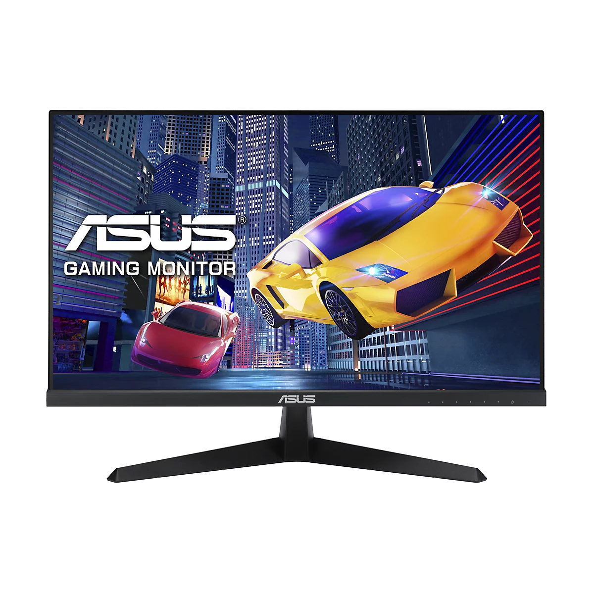 Ein schwarzer ASUS-Gaming-Monitor mit einem dynamischen Hintergrund, der Rennwagen in einer Stadt zeigt.