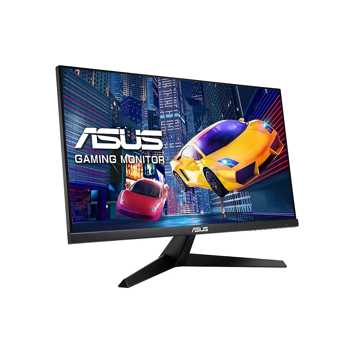 ASUS Gaming Monitor, zeigt gelbes und rotes Sportwagen-Rennen in Stadtkulisse. Der Bildschirm hat schwarzen Rahmen und Standfuß. ASUS-Logo sichtbar.