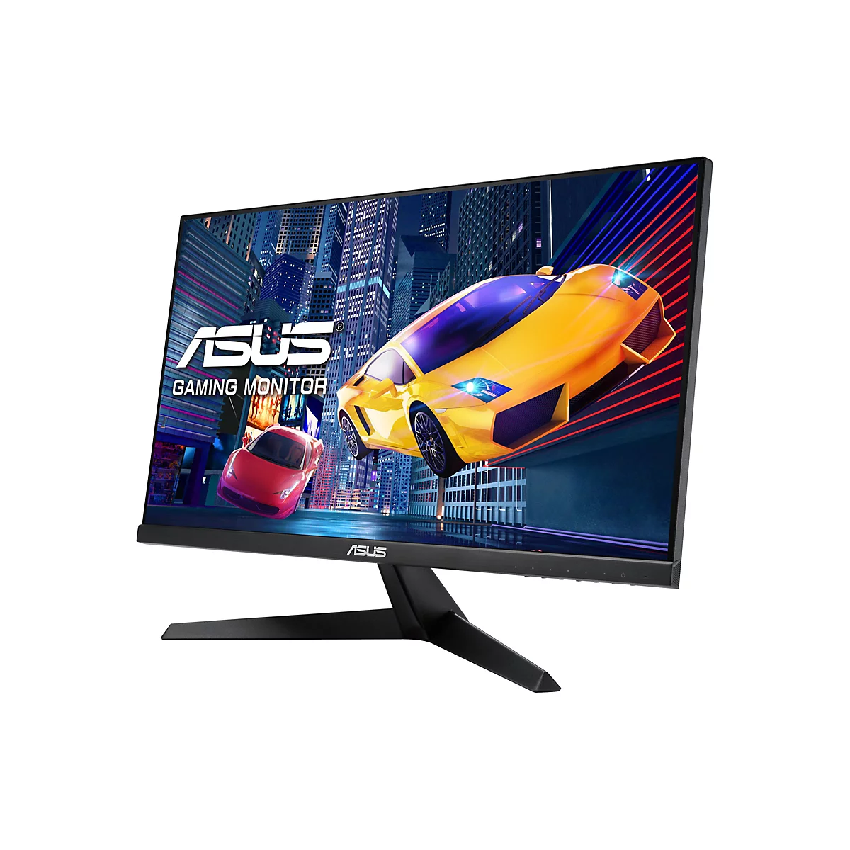 Ein Gaming Monitor der Marke ASUS. Auf dem Bildschirm sind zwei Autos abgebildet, eines rot, eines gelb. Im Hintergrund Hochhäuser.