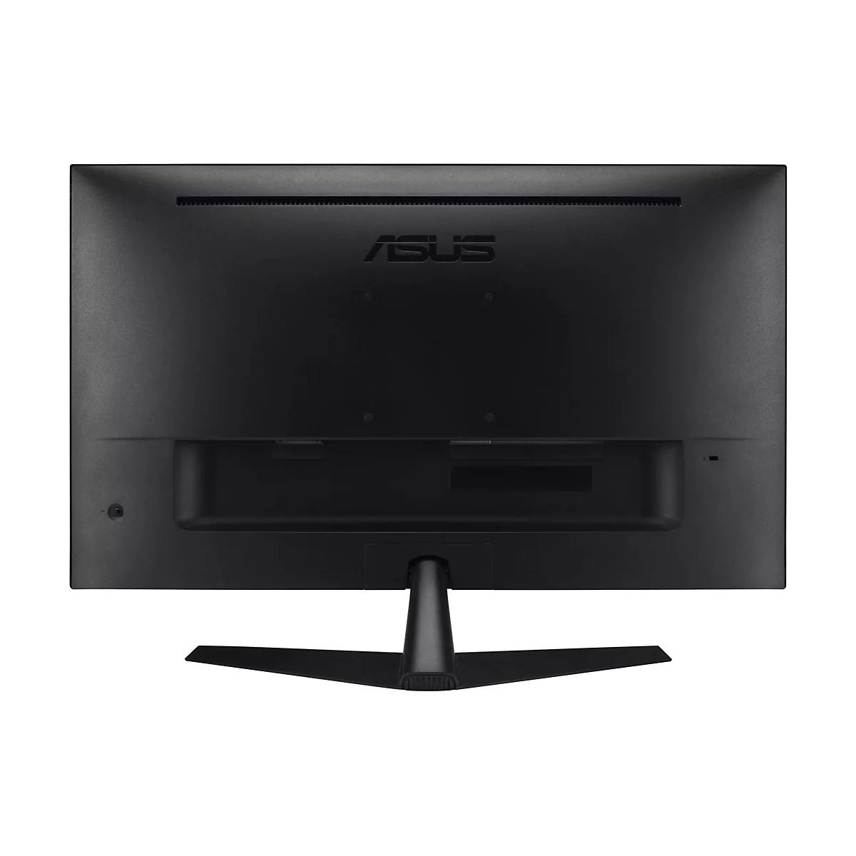 Rückseite eines schwarzen ASUS-Monitors; er hat die ASUS-Aufschrift.