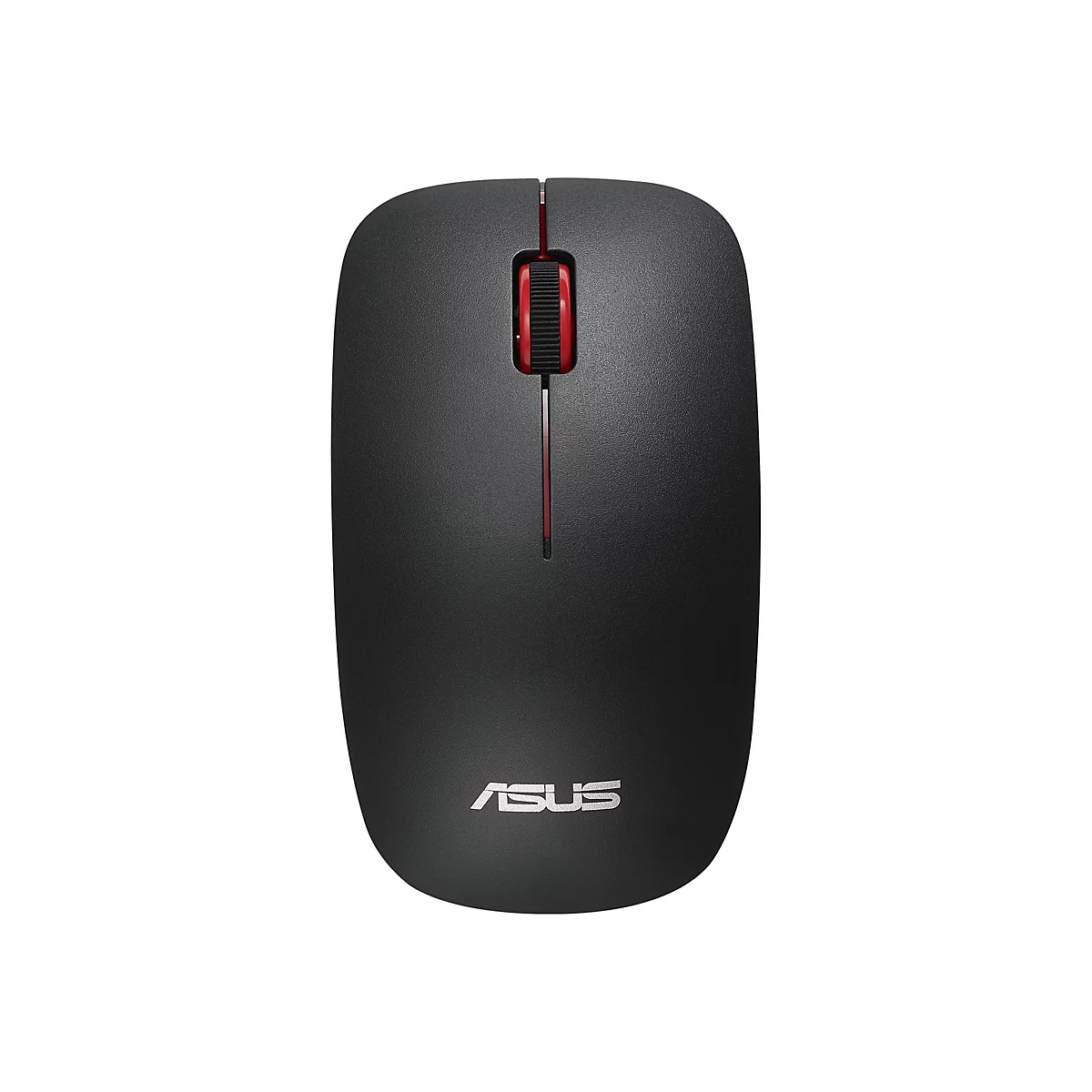 Drahtlose schwarze Maus mit rotem Scrollrad und Asus Logo.