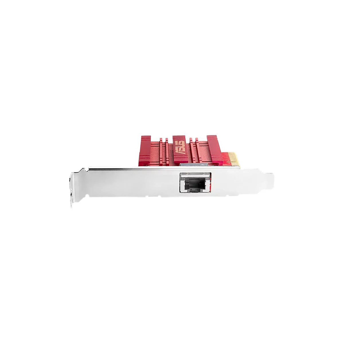 Rote ASUS Netzwerkkarte mit Kühlkörper und RJ45-Anschluss vor weißem Hintergrund.