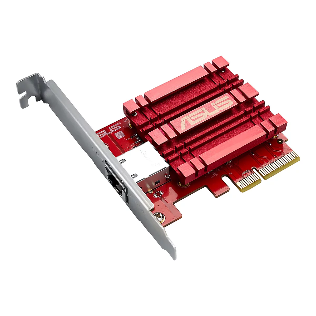 Rote ASUS Netzwerkkarte mit einem auffälligen roten Kühlkörper und einem silbernen Slotblech vor weißem Hintergrund.