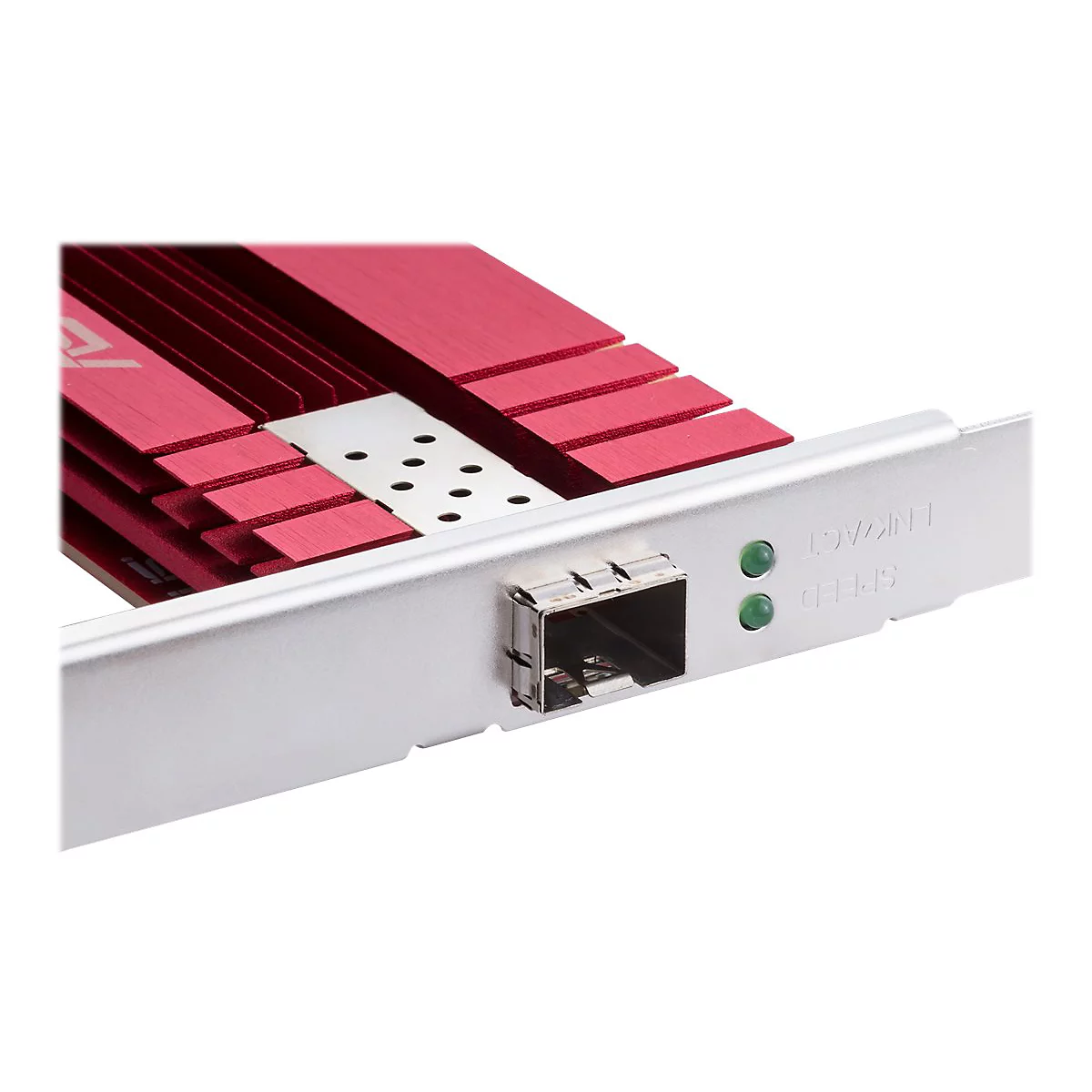 Detailansicht einer ASUS Netzwerkkarte mit rotem Kühlkörper und silberner Slotblende mit SFP-Port und zwei Status-LEDs.