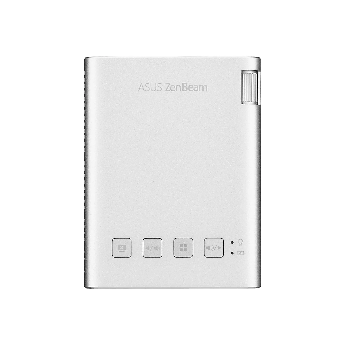 Ein silberner ASUS ZenBeam-Projektor. Oben steht der Schriftzug "ASUS ZenBeam". Unten befinden sich Bedienknöpfe mit Symbolen.
