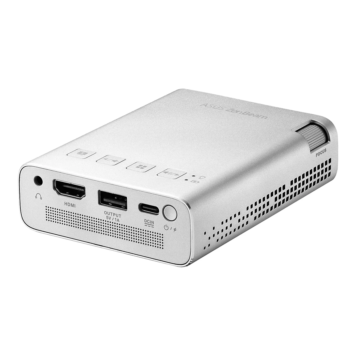 Ein silberner ASUS ZenBeam Projektor, rechteckig mit abgerundeten Ecken. Oben stehen Bedienelemente und die Aufschrift FOCUS.
