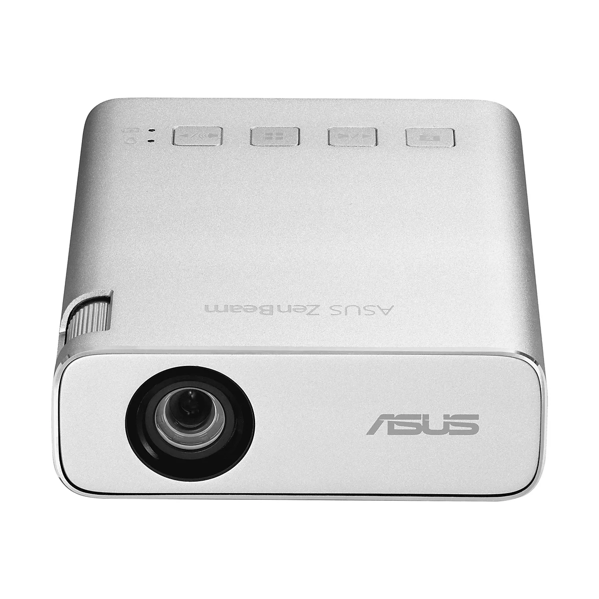 Silberfarbener ASUS ZenBeam Projektor mit Objektiv und BedienknÃ¶pfen.