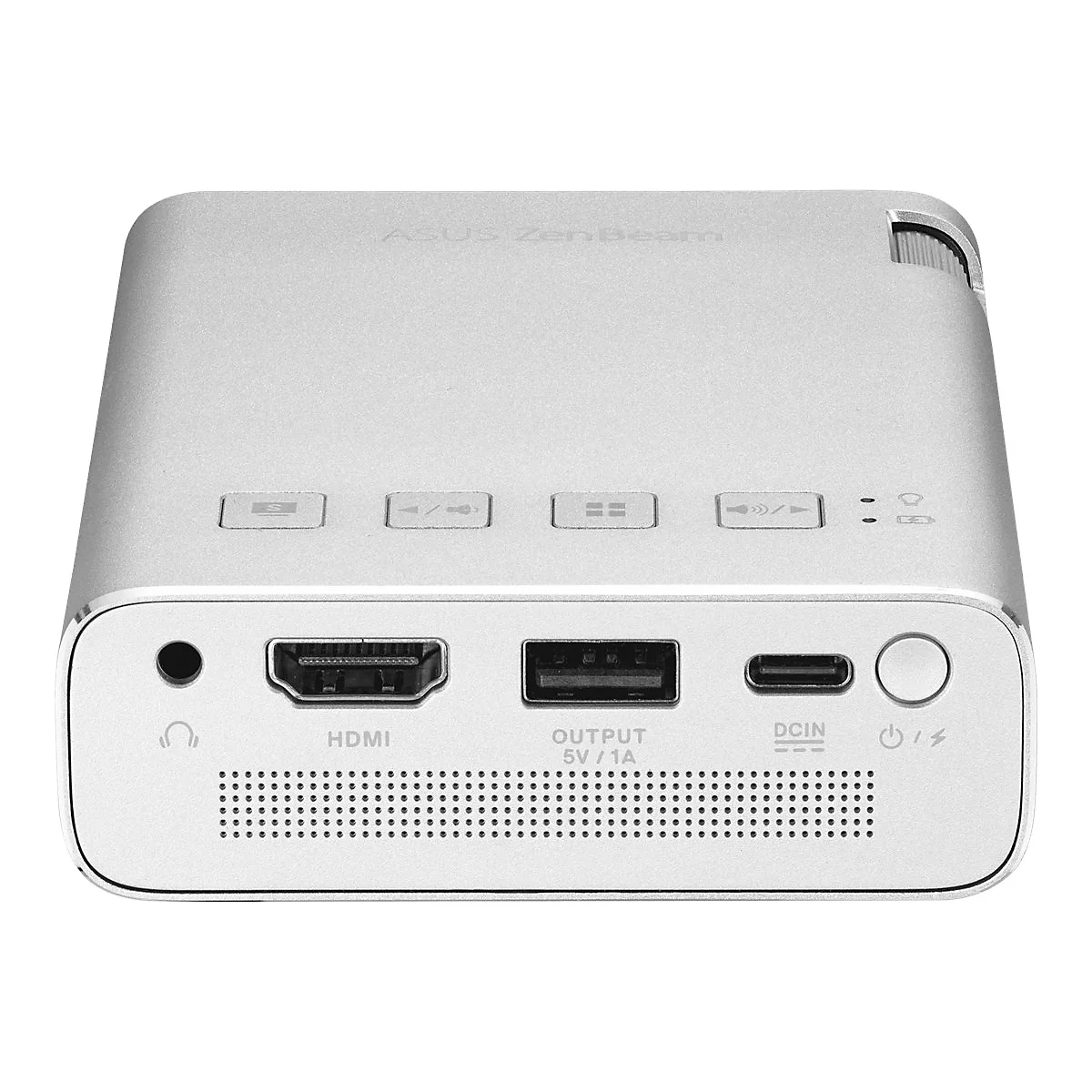 Silberner, kompakter Projektor mit Bedienelementen und AnschlÃ¼ssen wie HDMI und USB.