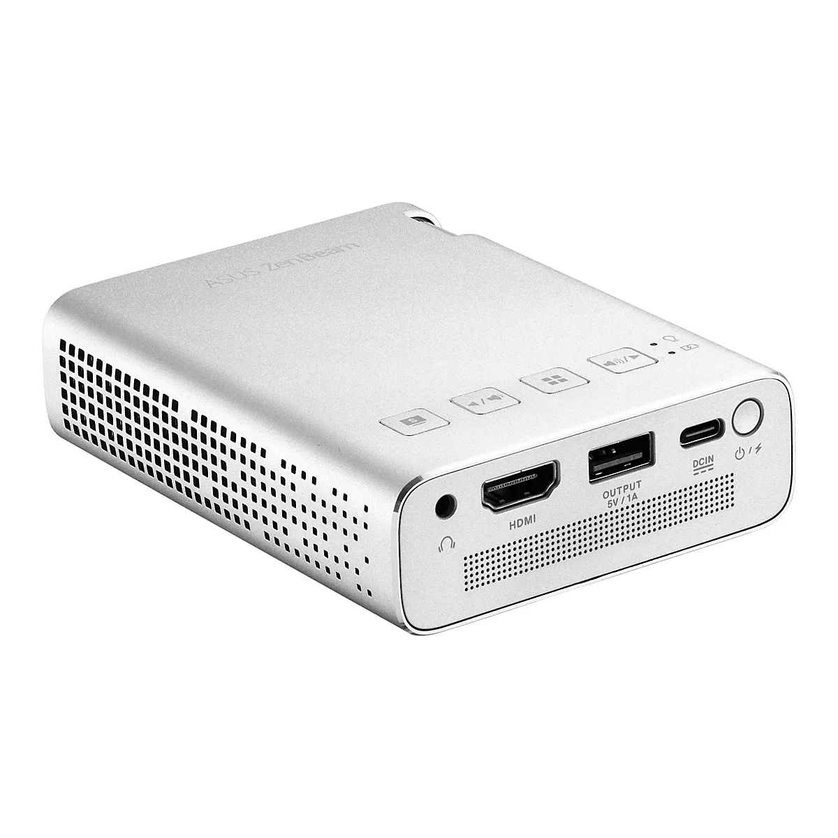 Silberner Mini-Projektor. Oberseite mit KnÃ¶pfen, AnschlÃ¼ssen an der Seite. HDMI, USB und KopfhÃ¶reranschluss.