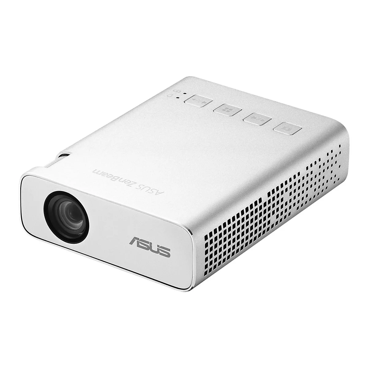 WeiÃŸer ASUS ZenBeam Projektor. Das GerÃ¤t hat ein Linsenfenster und Bedientasten.