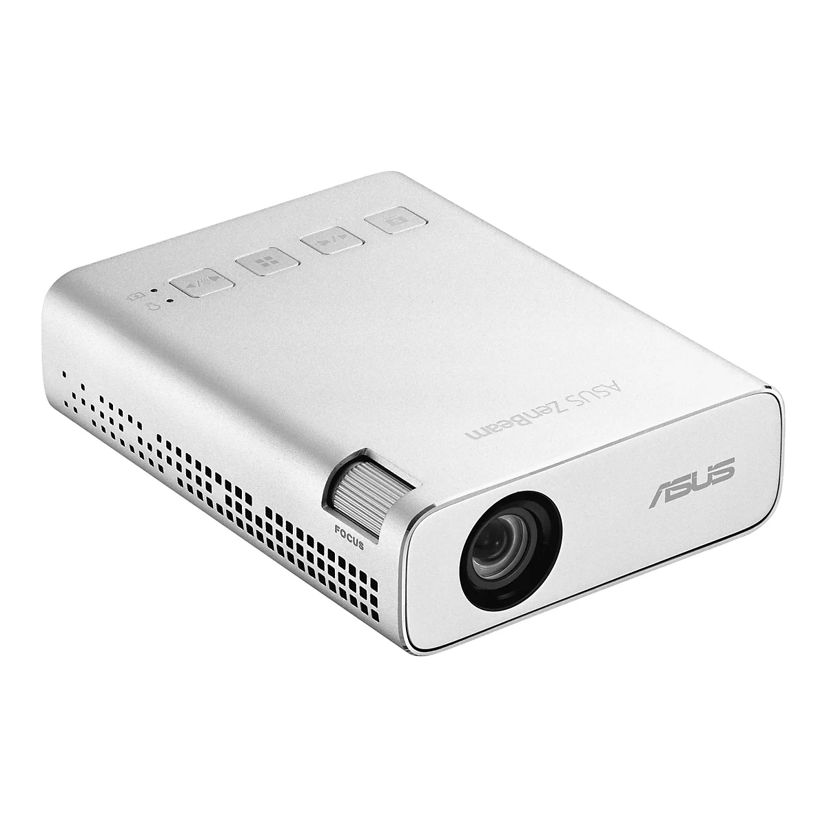 Silberfarbener ASUS ZenBeam Projektor; Objektiv, Einstellrad, Tasten, Logo sichtbar.