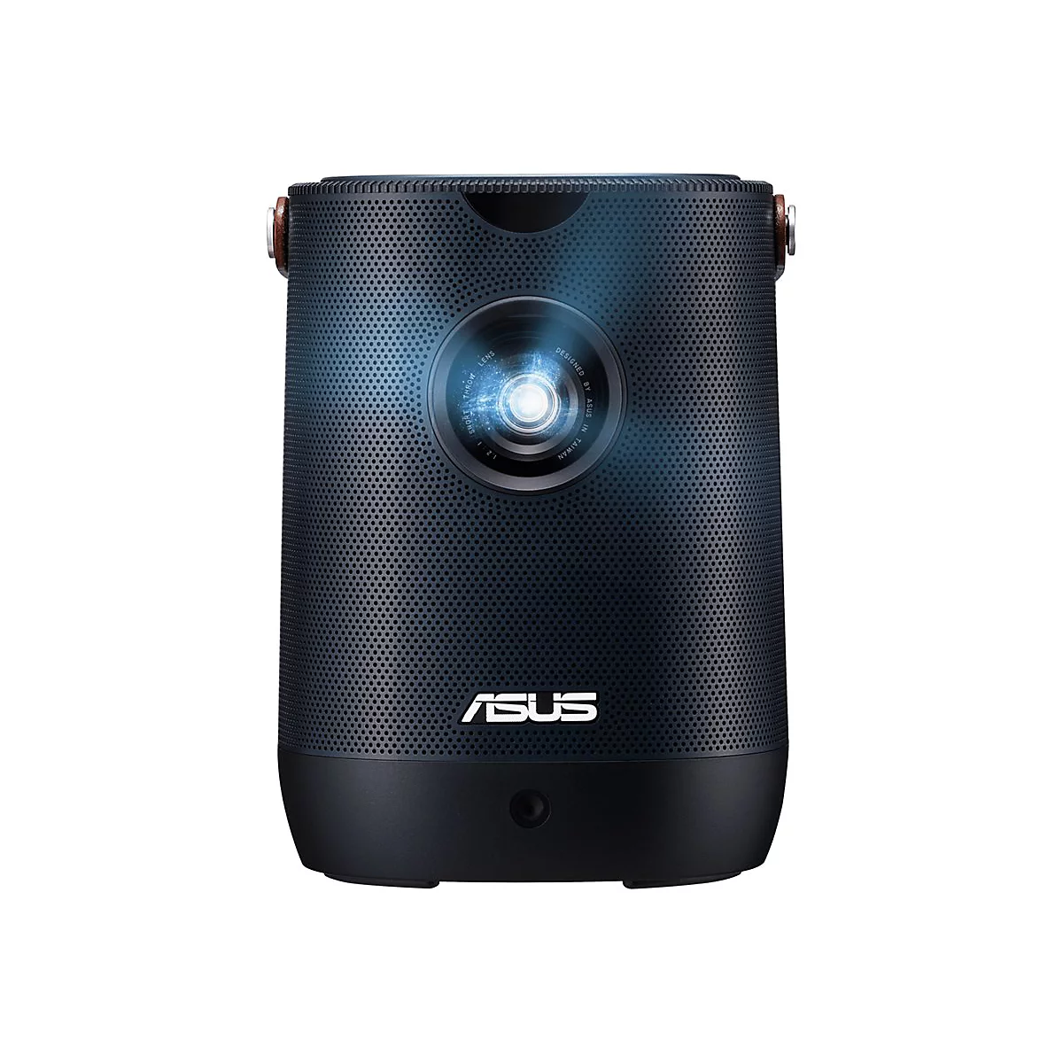 Dunkelblauer, zylindrischer Projektor mit dem Logo „ASUS“ unten. Das Objektiv strahlt helles Licht aus.