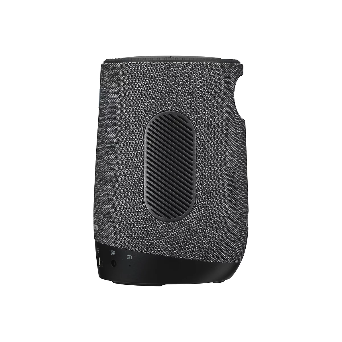 Ein zylindrischer Bluetooth-Lautsprecher in Grau und Schwarz. Er hat eine strukturierte Textiloberfläche, einen schwarzen Sockel und ein Lüftungsgitter.