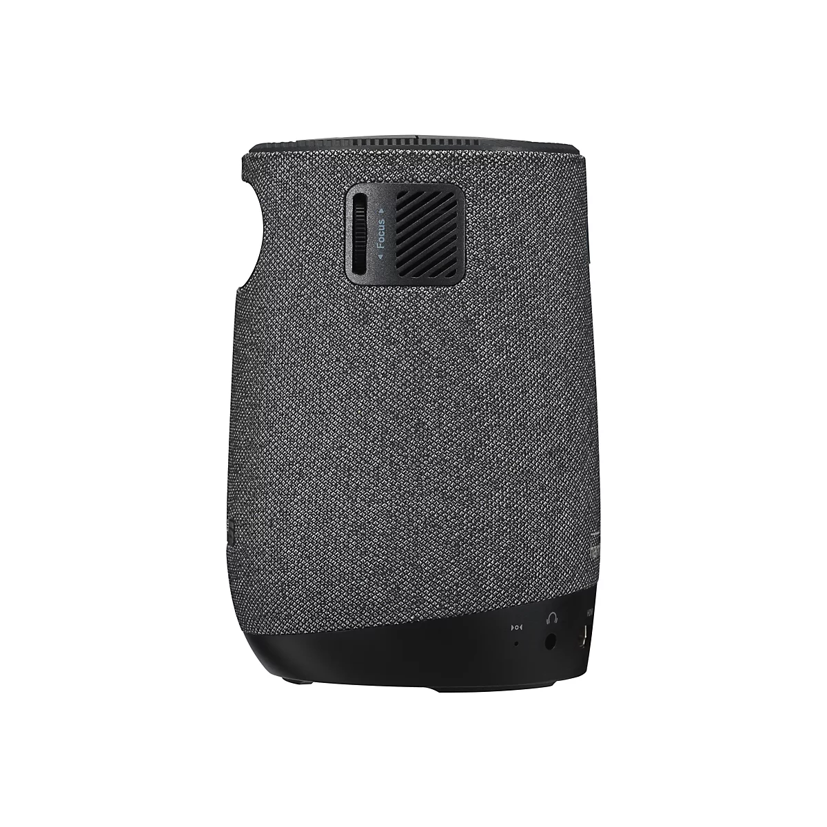 Dunkelgrauer, zylindrischer Projektor, auf weißem Grund. Oben ein Lüftungsgitter, eine Vertiefung mit Fokus-Einstellung.