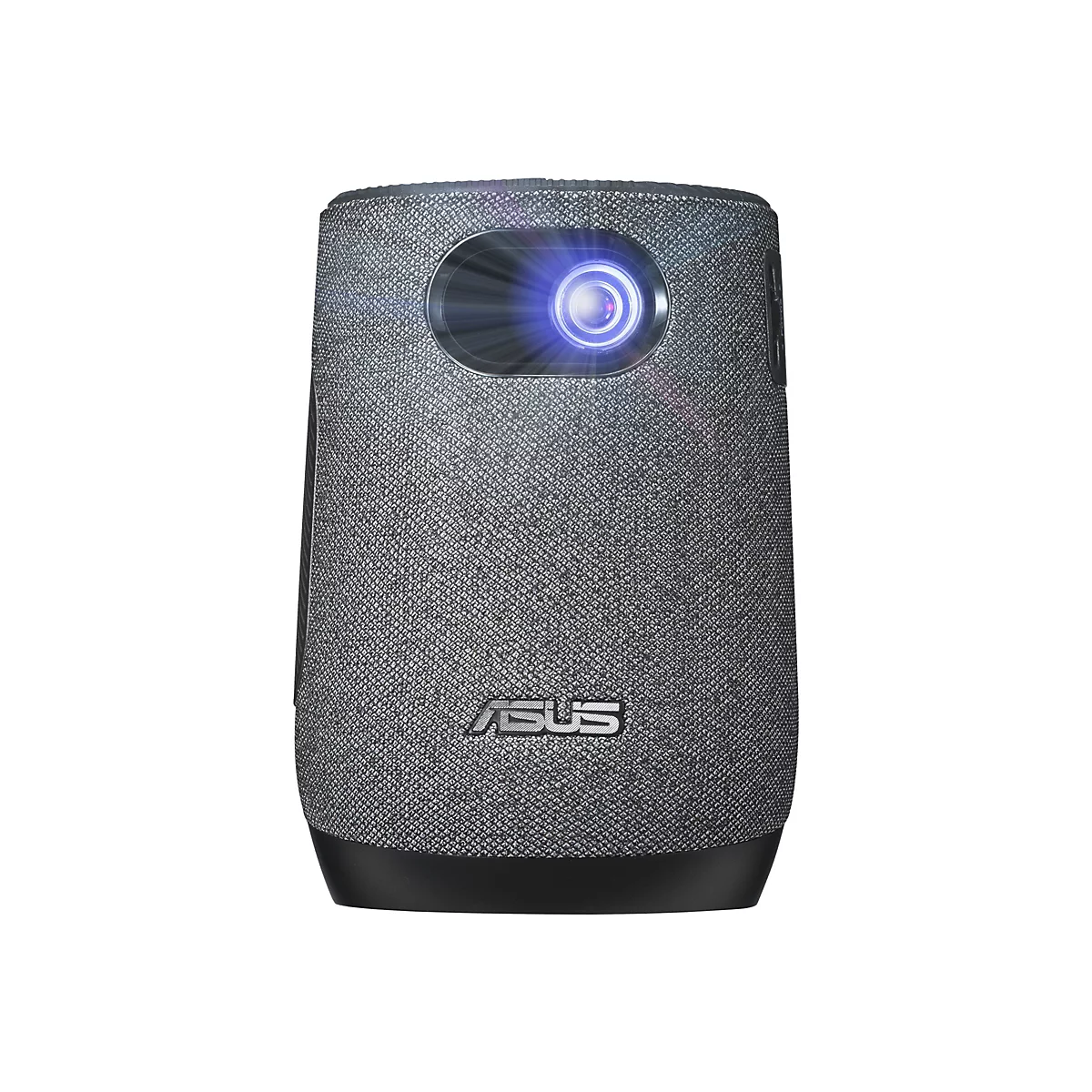 Ein grauer Projektor mit einem blauen Licht, das aus der Objektivöffnung scheint, vor einem weißen Hintergrund. Das ASUS-Logo ist sichtbar.
