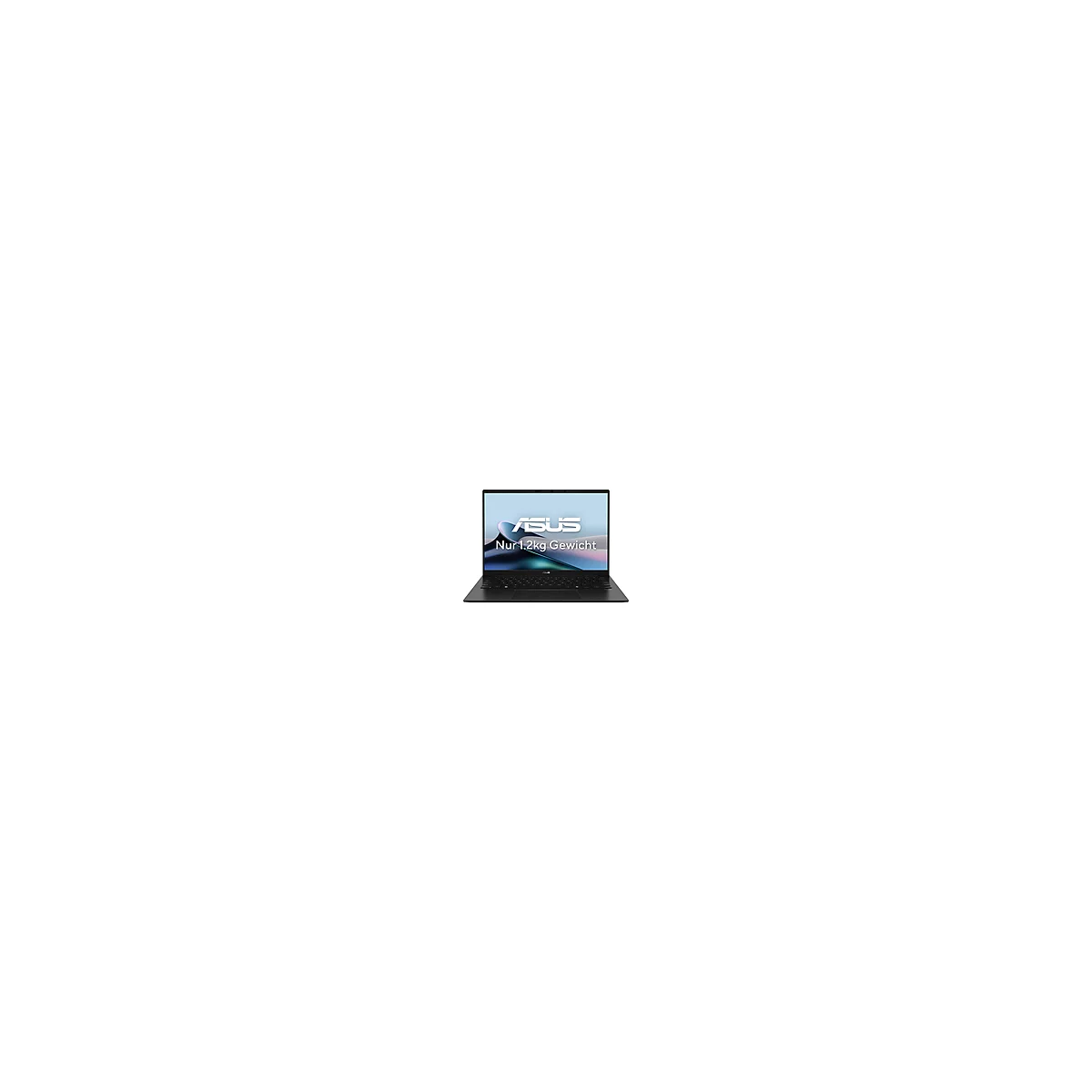 Schwarzes Laptop mit geöffnetem Bildschirm. Das ASUS-Logo und der Text 'Nur 1.2kg Gewicht' sind zu sehen.