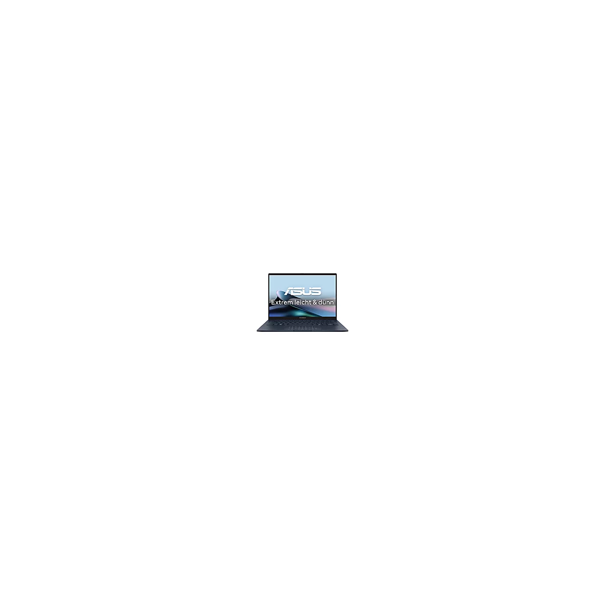 Blaues ASUS Laptop, geöffnet. Auf dem Bildschirm steht "Extrem leicht & dünn".
