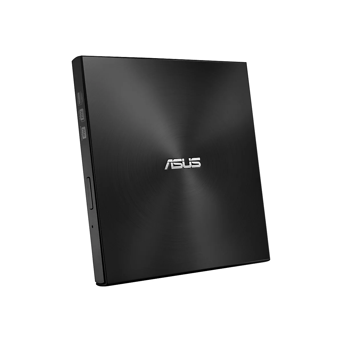 Schwarzes, quadratisches externes ASUS DVD-Laufwerk mit gebürsteter Oberfläche und mittigem Logo vor weißem Hintergrund.
