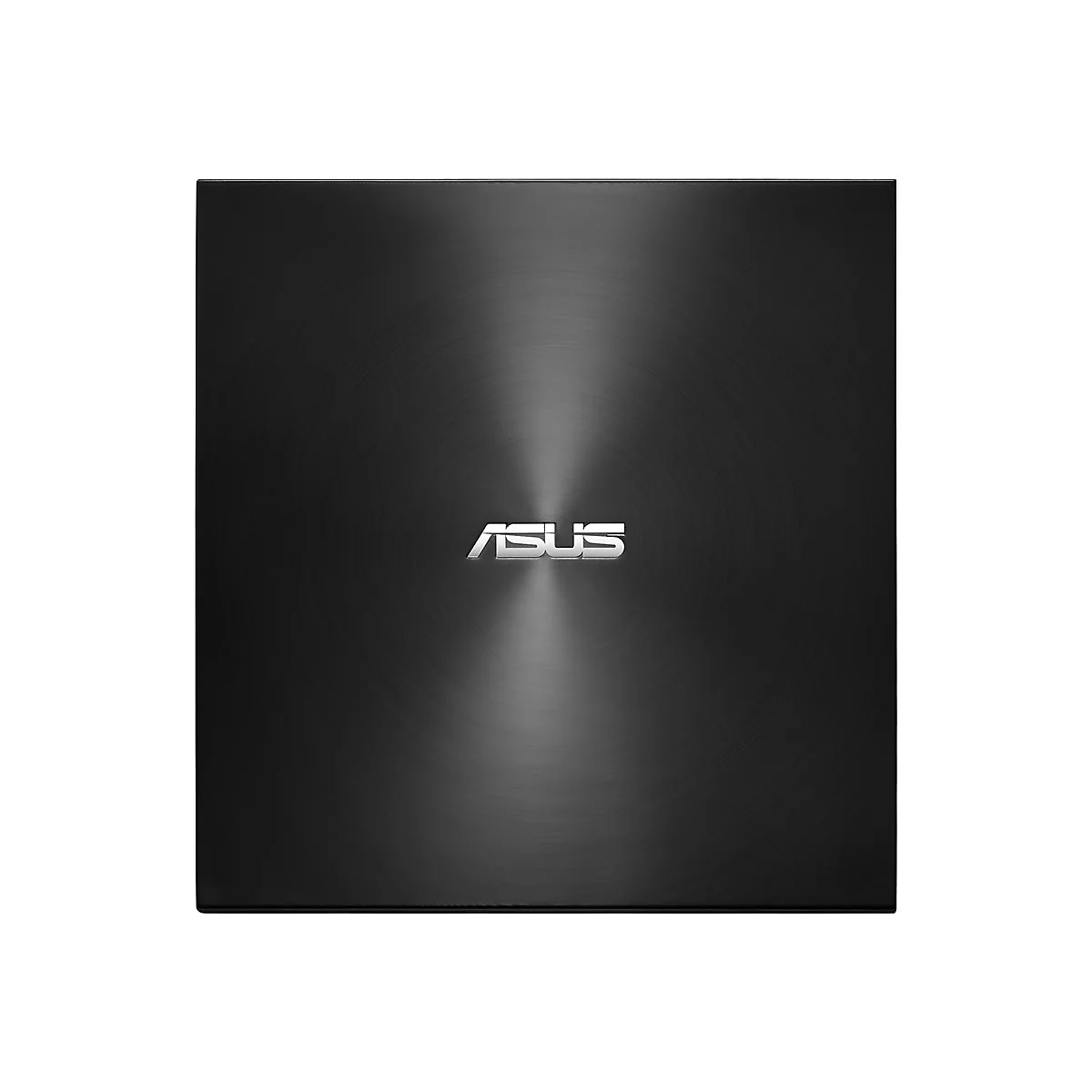 Schwarzes, quadratisches Asus externes Laufwerk mit kreisförmiger Textur und zentralem, silbernem Asus-Logo.